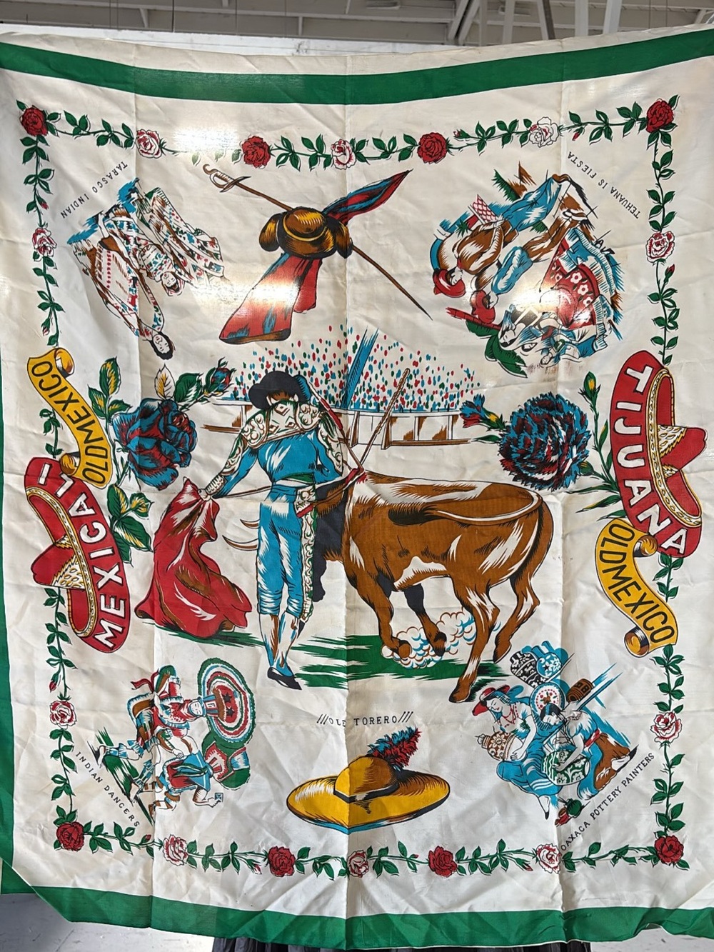 Vintage 1960s Mexican Mexico Bull Fighting Souvenir Scarf